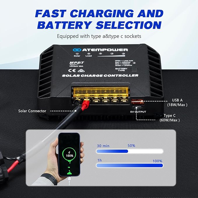 ATEM POWER 200W Portable Solar Panel, Foldable Solar Panel HPBC Chip, 20A MPPT Charger Controller 5V USB Output for 12/24V Battery/Power Station Outdoor Camper RV Hiking Durable Anti Cracking Coating