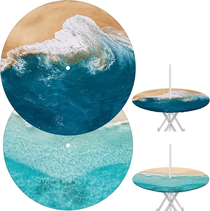 2 Pcs Round Outdoor Tablecloth with Umbrella Hole - Anti-Wrinkle Polyester Tablecloth with Elastic Zipper Table Cover for Summer Patio Camping Party(45''-53'',Ocean)
