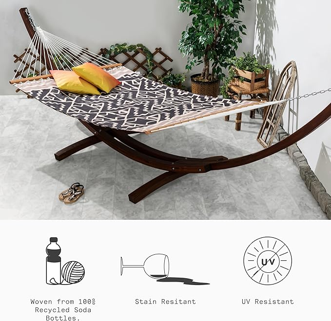 Fab Habitat Tribal Recycled Polyester Hammock - Kilimanjaro - Black - Indoor/Outdoor, Quick Dry, 2 Person 460 lbs Capacity - Patio, Poolside, Backyard, Garden, Beach, Balcony - 12-14 ft Adjustable