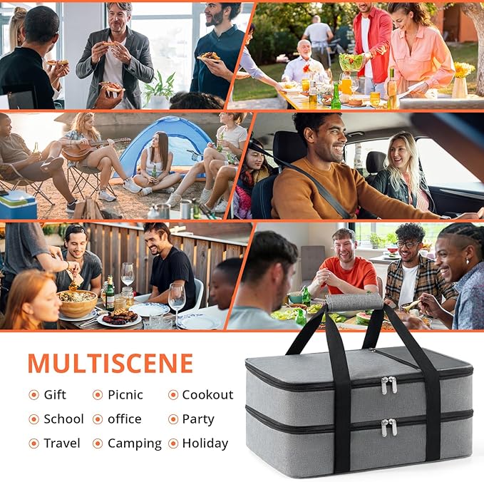 Double Insulated Casserole Carrier for Hot or Cold Food,Pie Carrier Bag Lunch Tote for Potluck Parties/Picnic/Cookouts, Fits 9"x13" Baking Dish, Grey