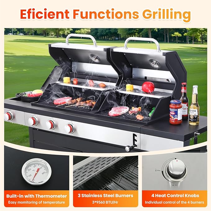 3 Burner Propane Gas BBQ Grill with Side Burner, Porcelain-Enameled Cast Iron Grates, Smoke Control Handle, 37,230 BTU Stainless Steel Grill for Outdoor Camping Barbecue Grilling Backyard Cooking