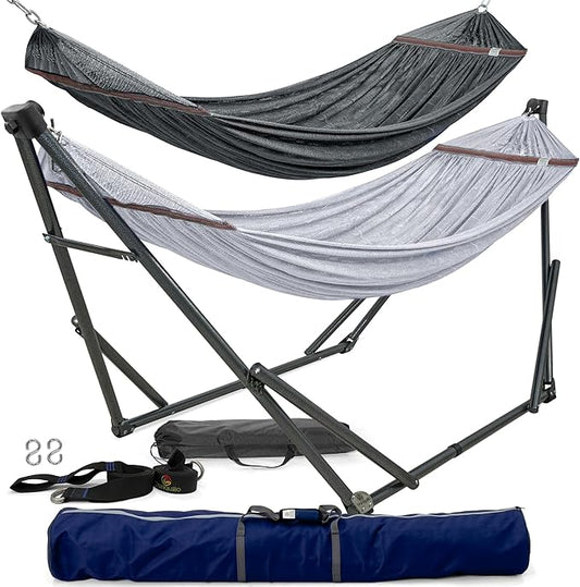 Tranquillo Combo x2 Hammocks with Stand for Outside & Tree Straps, Heavy Duty Hammock with Stand 600lbs for Indoor Outdoor Patio Backyard, x2 Hammocks for 2 Person, Portable Carrying Bags, Gray