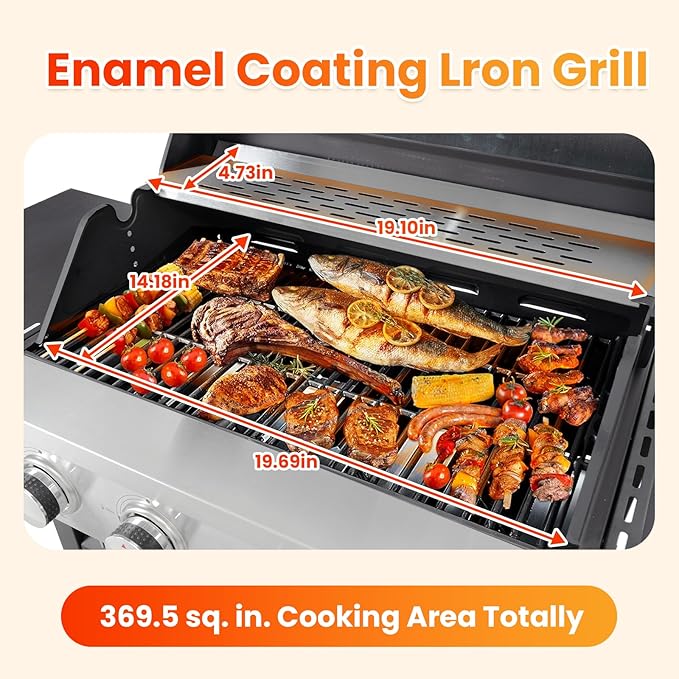 3-Burner Propane Gas BBQ Grill with Side Burner, Porcelain-Enameled Cast Iron Grates, Foldable Side Table, 37,230 BTU Stainless Steel Grill for Outdoor Camping Barbecue Grilling Backyard Cooking