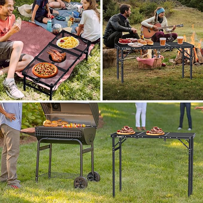 Folding Grill Table, Aluminum Camping Table Adjustable Height Max 27.5" Picnic Table Outdoor Table, Lightweight, Portable Handle for Travel Cooking BBQ Picnic, 35" x 16", Black