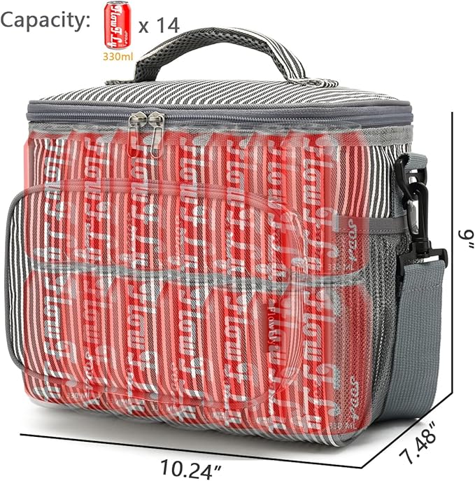 FlowFly Insulated Reusable Lunch Bag Adult Large Lunch Box for Women and Men with Adjustable Shoulder Strap,Front Zipper Pocket and Dual Large Mesh Side Pockets,Stripes