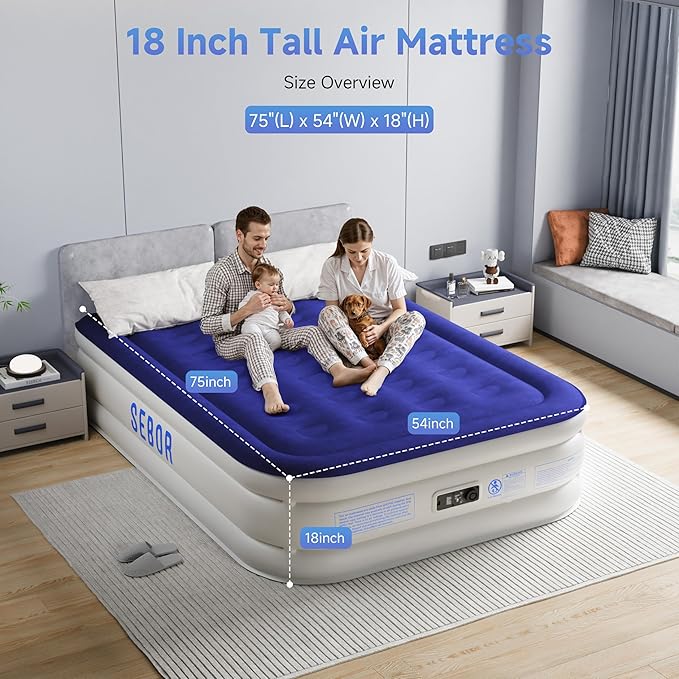 Air Mattress Full with Built-in Pump 18", Comfortable Self-Inflating Air Mattress with High-Speed Pump, Durable Blow Up Mattress Full with Storage Bag for Guests, Camping, Travel