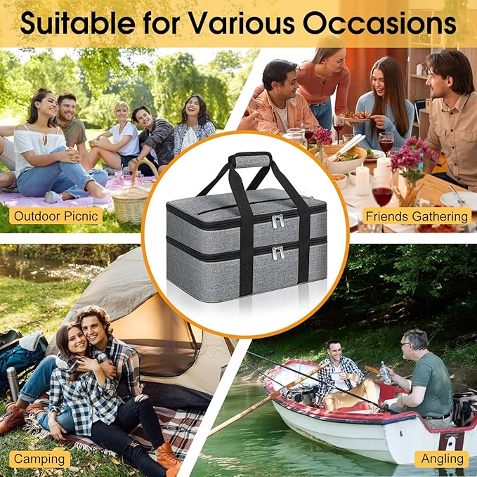 Double Insulated Casserole Carrier, Portable Casserole Carrier for Hot or Cold Food Lunch Tote Warmer or Cooler Bag, Lasagna Lunch Bag for Potluck Parties- Fits 9" x 13" Baking Dish-Grey