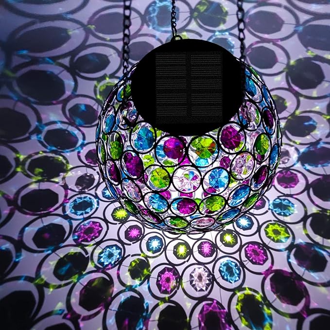 Solar Hanging Lantern Outdoor Lights, Dual LEDs Color Changing and Cool White Hanging Light Waterproof Crystal Globe Lamp Decoration in Garden, Pathway, Front Door - Multi Color