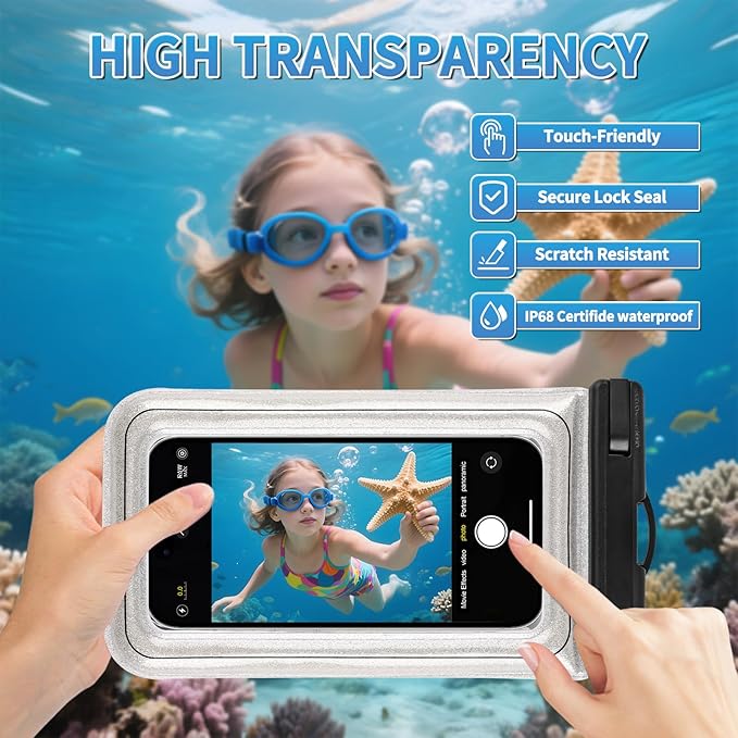 Floating Waterproof Phone Pouch, IPX68 Waterproof Phone Case with Lanyard for iPhone 16 15 14 13 Pro Max Samsung S25 S24 S23 S22, Up to 7", Beach Vacation Essentials, Glitter Silver