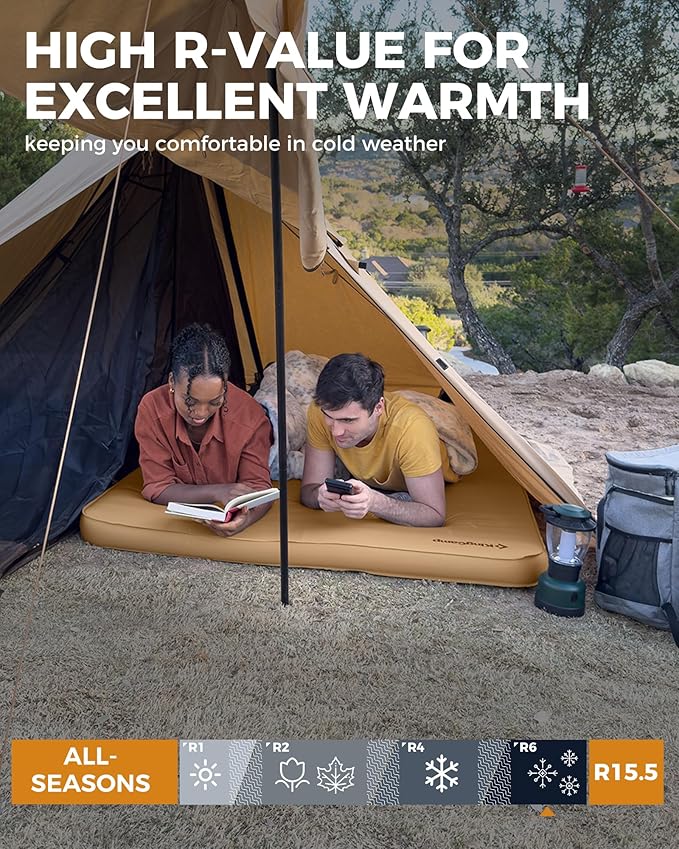 KingCamp Self Inflating Camping Pad, Ultra 6" Thick or Ideal 3" Thcik High R Value Air & Foam Camping Mattress, Full Size Double Sleeping Pad 2 Person for Camp Tent Outdoor Car, Multi Colors, PVC Free