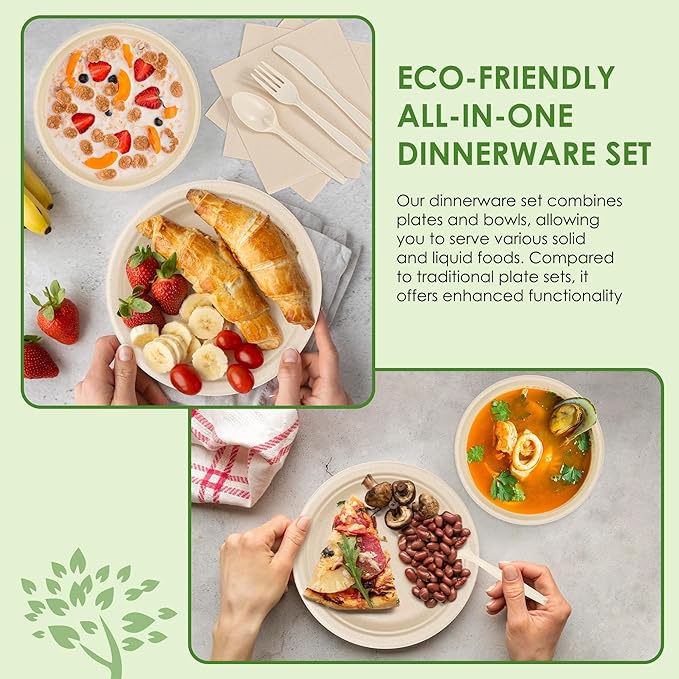 Disposable Paper Plates Set 300PCS Compostable Sugarcane Plates, Bowls, Heavy-duty Utensil, Biodegradable Napkins, Eco-friendly Dinnerware Set for Party Camping 50 People