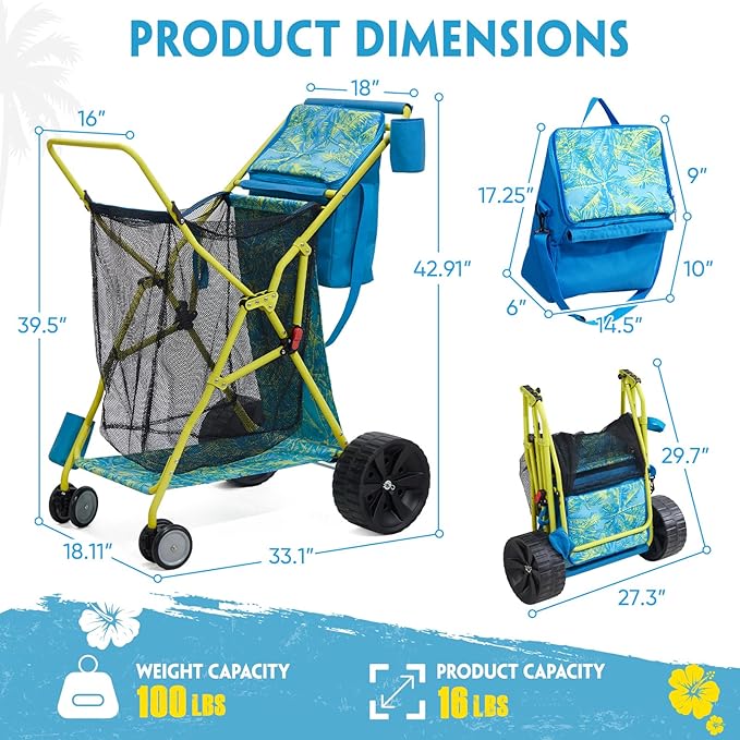 Beach Cart with Big Wheels for Sand, Collapsible All-Terrain Beach Wagon with Cooler Bag & Umbrella Holder, Large Mesh Storage, Supports 100lbs for Camping, Outdoor, Shopping, Palm Print