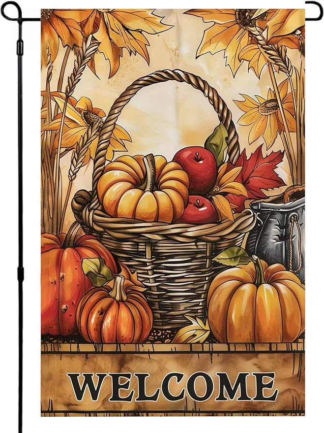 Garden Flag 12X18 Inch Double Side,Pumpkin Fall Yard Flag, Welcome Small Garden Flag,Outdoor Fall Flag for Holiday Outside Patio Decoration