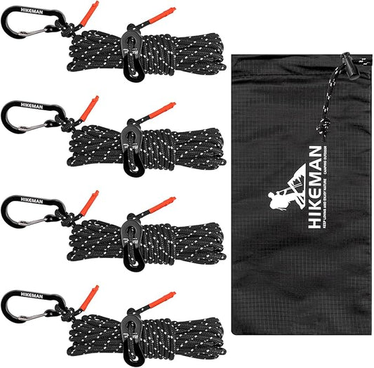HIKEMAN Reflective Tent Rope Guyline - 4M Camping Guide Ropes,3mm Tent Guy Ropes Cord with Aluminum Tensioners Adjuster for Outdoor Camping Hiking Caravan Awning Tents (Black, 3mm)