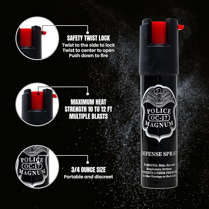 Police Magnum Compact Pepper Spray Self Defense- Tactical Maximum Heat Strength OC- Small Discreet Carry Canister- Made in The USA