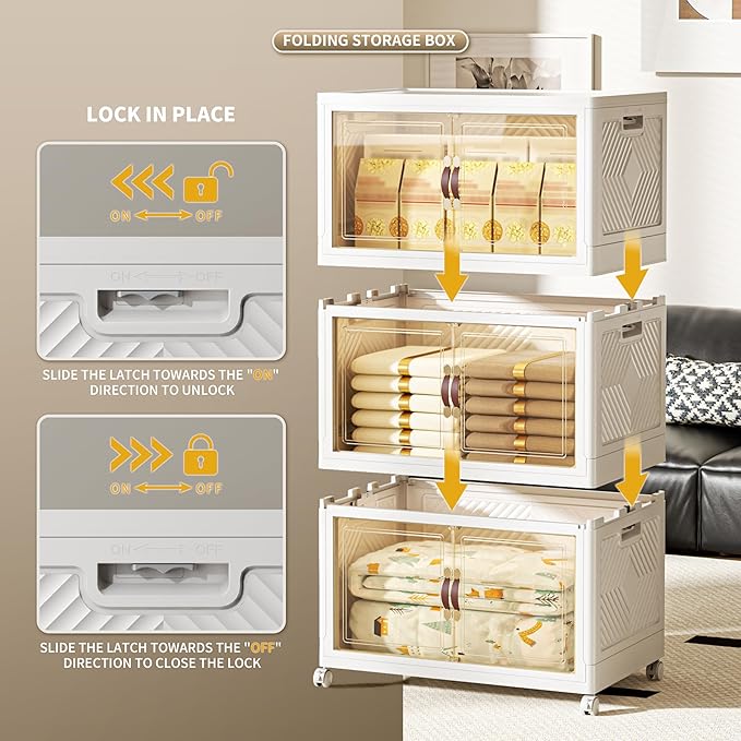 400 QT / 100 Gal Collapsible Storage Bins with Wheels & Magnetic Doors - Stackable Plastic Cabinet Organizer for Home, Garage, Closet (White Space-Saving Containers)