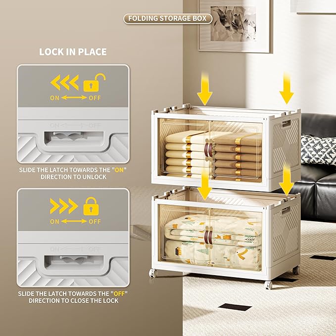 268 QT / 67 Gal Collapsible Storage Bins with Wheels & Magnetic Doors - Stackable Plastic Cabinet Organizer for Home, Garage, Closet (White Space-Saving Containers)