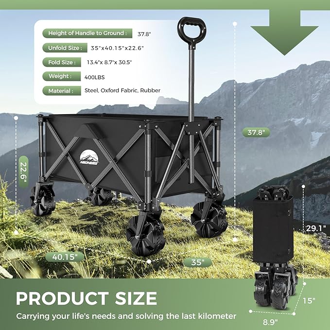 Collapsible Foldable Wagon Cart Heavy Duty,Beach Wagon with Big Wheels,Utility Grocery Wagons Carts with Side Pocket for Outdoor Garden,Camping,Shopping and Sports, Y-Black