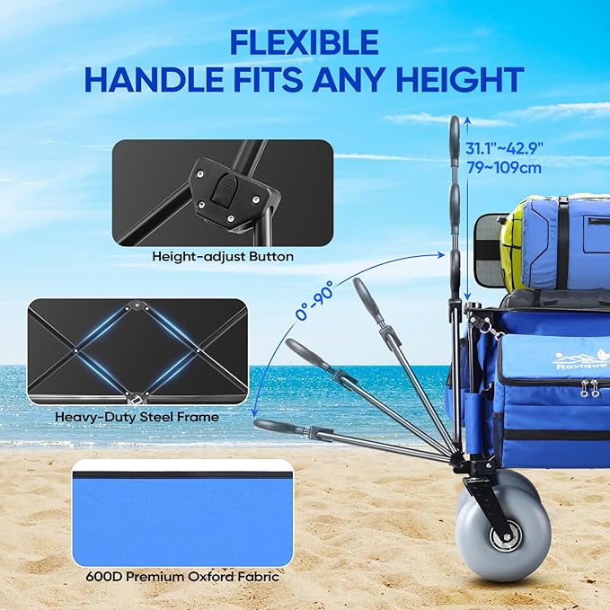 Beach Wagon with Big Wheels for Sand,260L Extra Large Beach Cart with 9" All-Terrain Balloon Wheels, Heavy Duty Folding Wagon, Adjustable Handle,450lb Capacity for Outdoors & Fishing