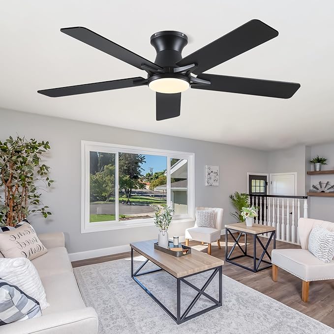 52" Low Profile Ceiling Fans with Lights and Remote,Black Indoor Ceiling Fans with Reversible Quiet Motor,Modern Flush Mount Ceiling Fan Light for Bedroom