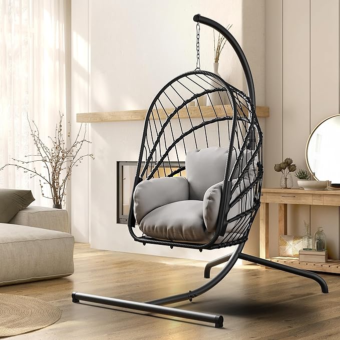 YITAHOME Hanging Egg Chair with Stand, Rattan Wicker Swing Egg Chair with Resistant Cushion, 370lbs Capacity, Foldable Hanging Basket Chair for Porch, Garden, Bedroom, Balcony - Grey