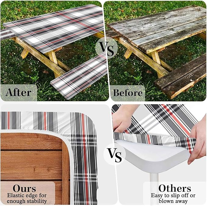 CAPSCEOLL Elastic Picnic Table Cover with Bench Covers 5Ft Waterproof Fitted Picnic Table Cover Cloths for Outdoors Camping Tablecloth with Drawstring Bag, 60X30in, Grey Red