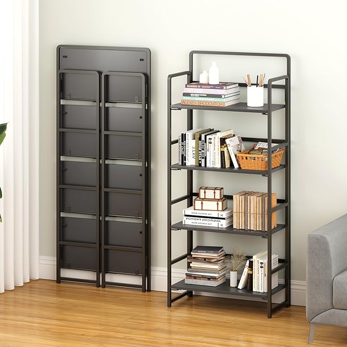 4NM No Assembly Folding Bookshelf, 4-Shelf 54" H Collapsible Foldable Bookcase Storage for Small Spaces, All Black