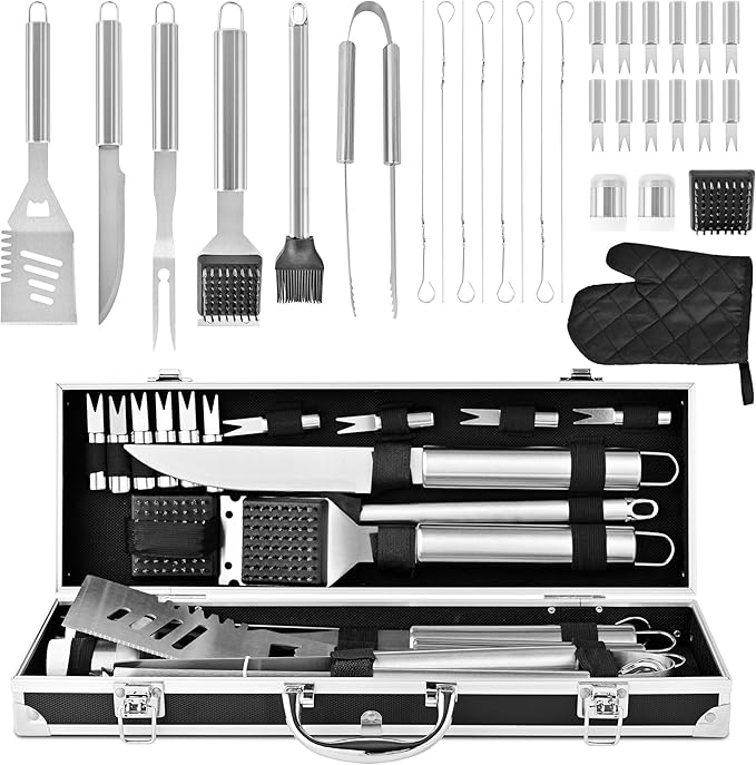 BBQ Grilling Accessories Set, 30Pcs Heavy Duty Grill Tools for Outdoor Camping, Stainless Steel Barbecue Utensils Kit with Aluminum Case and Apron，Grilling Gifts for Men Dad