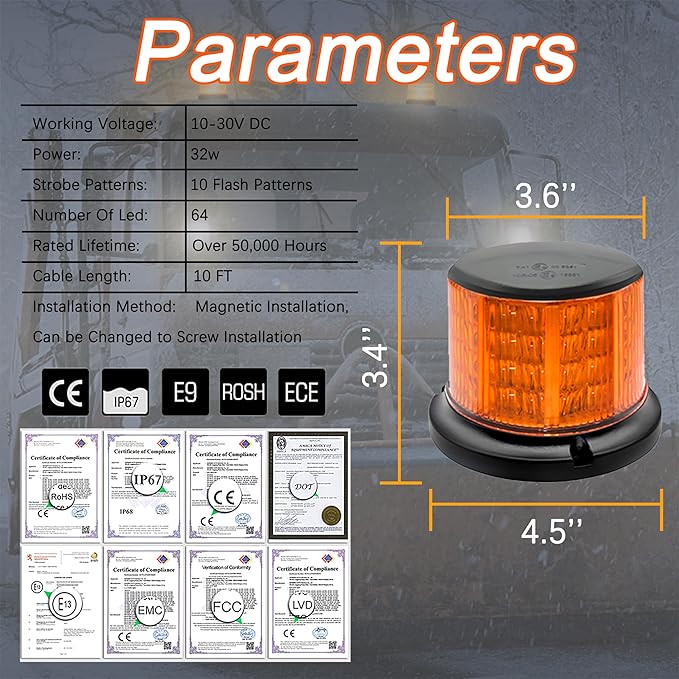 64LEDs Amber Strobe Lights for Trucks, 12-24V Safety Flashing Warning Light, 10 Modes Amber Emergency Lights for Vehicles, Magnetic Beacon Light for Trucks Vehicles Cars