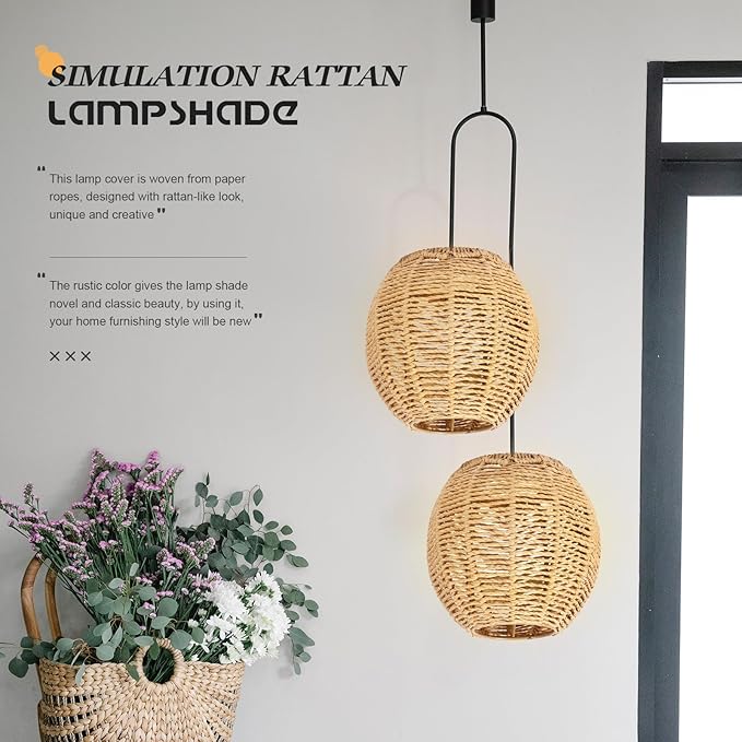 DOITOOL 3Pcs Retro Rattan Woven Pendant Light Cover, Boho Handwoven Rattan Natural Light Fixture, Bulb Guard Lamp Cage for Pendant Light, Lamp Holder, Ceiling Fan Light Bulb (Brown)