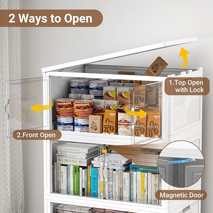 640QT Extra Large Stackable Storage Bins, 160Gal Clear Plastic Closet Organizer Cabinet with Lid and Wheels, Collapsible Latch Boxes Folding Drawer with Door for Home Kitchen, V20 4Pack White