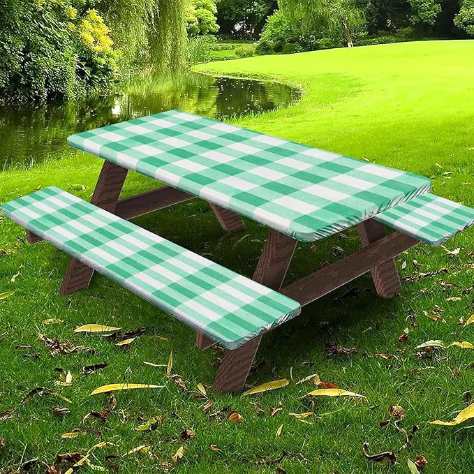 CAPSCEOLL Fitted Picnic Table Cover with Bench Covers with Elastic 8Ft Waterproof Camping Picnic Table Cover Cloths for Outdoors Camping Tablecloth with Drawstring Bag, 96X30in, Green Checkered