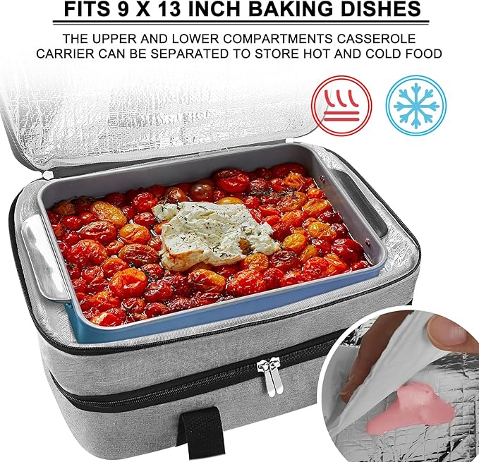 esouler Double Insulated Casserole Carrier Bag Hot & Cold Food Carrier Bag Lasagna Holder Lunch Bag for Picnics, Parties, Travel, Fits 9 x 13 Inches Casserole Dish-Grey