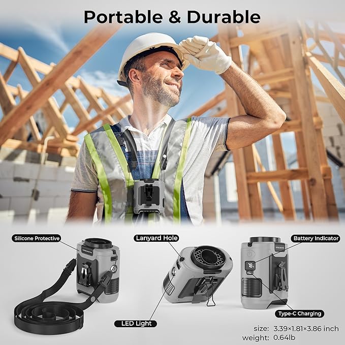 10000mAh Portable Waist Fan Clip On Belt, Max 40H Cooling, 5 Speeds 16000RPM, Rechargeable Hands-free Personal Wearable Neck Fan With Dual Clip & Flashlight for Outdoor Jobsite Camping Traveling