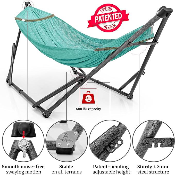 Tranquillo Combo x2 Hammocks with Stand for Outside & Tree Straps, Heavy Duty Hammock with Stand 600lbs for Indoor Outdoor Patio Backyard, x2 Hammocks for 2 Person, Portable Carrying Bags, Sky