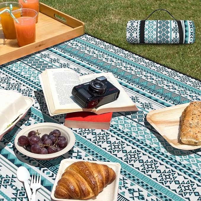 Extra Large Picnic Outdoor Blanket 60''x80'' Teal Blue Tribal Stripes Waterproof and Sandproof Picnic Mat for Beach Foldable Camping Accessories for Grass Lawn Park