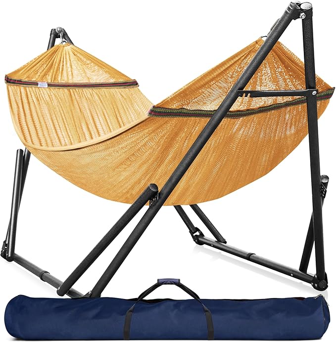 Tranquillo Universal Double Hammock with Stand Included for 2 Persons/Foldable Hammock Stand 600 lbs Capacity Portable Case - Inhouse, Outdoor, Camping, Yellow