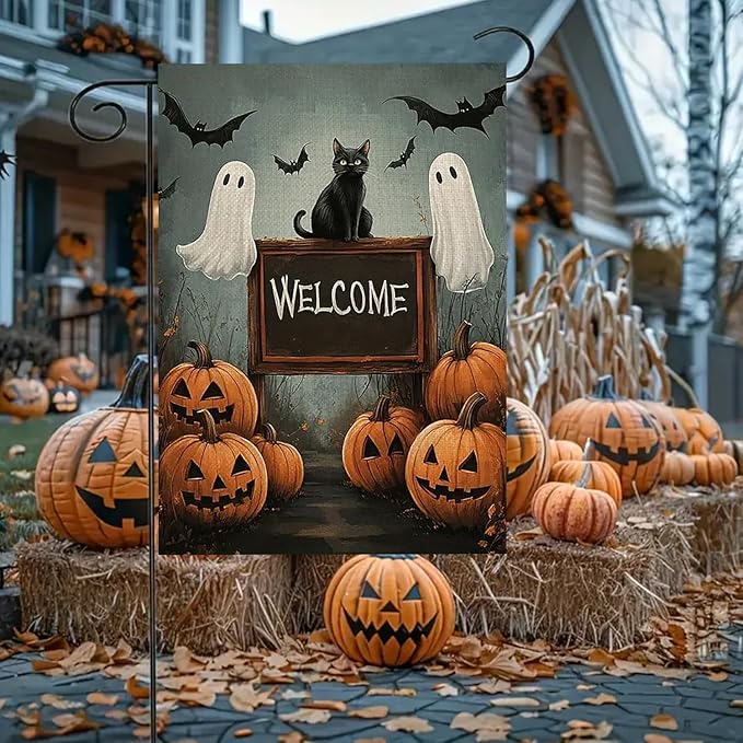 Halloween Garden Flag for Outside 12x18 Inch Double Sided, Pumpkin Ghost Cat Small Yard Flags for Outside, Outdoor Welcome Flag Front Porch Decorations for Home