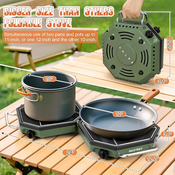 Camping Stove Propane Two Burner, 34000BTU Foldable Camp Stove Gas Propane Burners for Outdoor Cooking, Portable Stoves Gas Burners with Windsheild, Carrying Bag, Grates, Regulator