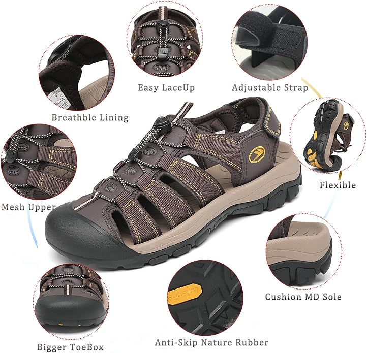 FLARUT Men's Athletic Sandals - Closed Toe Sport Hiking & Outdoor Walking Water Sandals with Anti-Slip Cushioning and Breathable Mesh