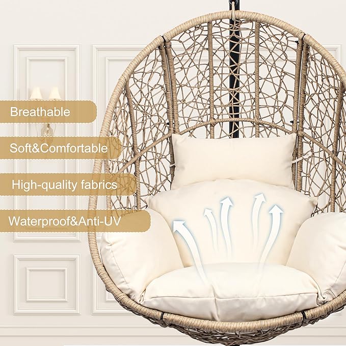 Oversized Hanging Egg Chair Outdoor Indoor, Wicker Swing Egg Chair with Stand 400lbs Capacity for Bedroom, Patio, Garden and Balcony (Beige-nest, Oversize)