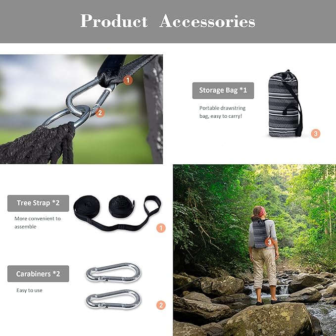 SUNCREAT Hammocks Double Hammock with Curved Spreader Bar, Outdoor Camping Portable Hammock with Carrying Bag & Tree Straps for Patio, Backyard, Balcony, Max 450lbs Capacity, Dark Gray