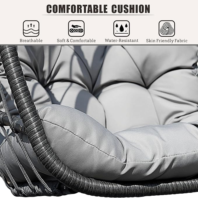 HWB Hanging Egg Chair with Stand, Swing Hammock Chair with Cushion for Indoor Outdoor, Patio Wicker Egg Swing Chair for Balcony Furniture, Light Gray