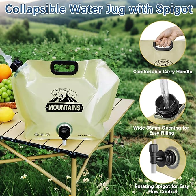 Camping Water Jug 2.1 Gallon Collapsible Water Container Portable Water Bag for Travel Outdoor Hiking BPA Free Lightweight (Beige (2.1Gal), 4)