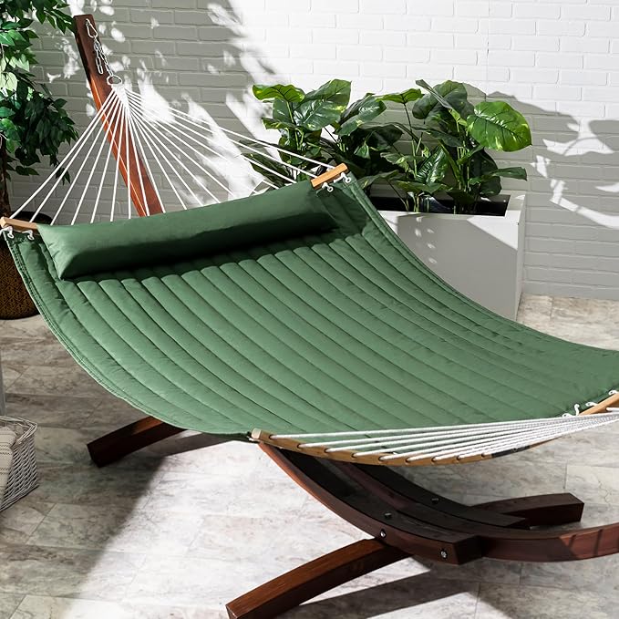 Fab Habitat Solid Quilted Recycled Polyester Hammock with Pillow, Curved Spreader Bar - Fargo - Green - Indoor/Outdoor, Quick Dry, 2 Person 460 lbs Capacity - Patio, Poolside - 11-14 ft Adjustable