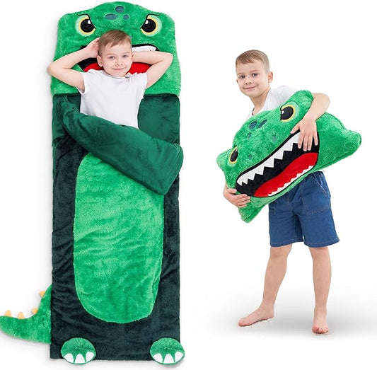 iPlay, iLearn Kids Dinosaur Sleeping Bag, Toddler Boy Dino Nap Mat, Plush Animal Slumber Bag 2 In 1 Pillow Daycare Preschool Kindergarten Birthday Gift Travel Sleepover 3 4 5 6 7 8 10 12 Yr Child Teen