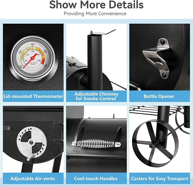 GREEN PARTY Offset Smoker Charcoal Grills with 28 Inch Cook Chamber, Barrel Smoker and Charcoal Grill Combo, 512 Sq. In. Space Barrel Smoker Grill for Outdoor BBQ Patio Backyard Cooking