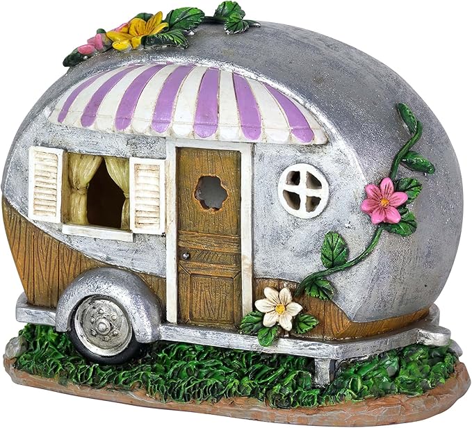 Exhart Garden Sculpture, Solar Camping Trailer with Lavender Awning Garden Statue, LED Lights, Outdoor Garden Decoration, 5 x 9 x 6 Inch