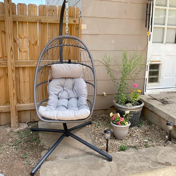 Yechen Egg Swing Chair with Stand, Rattan Wicker Hanging Egg Chair for Indoor Outdoor Bedroom Patio Hanging Basket Chair Hammock Chair with Aluminum Steel Frame, UV Resistant Cushion 350lbs Capacity