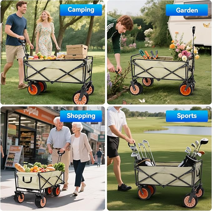 Electric Collapsible Garden Wagon Cart with Wheel,Rolling Foldable Metal Utility Wagon Carts,100w Power and 300lb Capacity, Portable for Camping,Sports,Shopping,Groceries,Laundry (White)